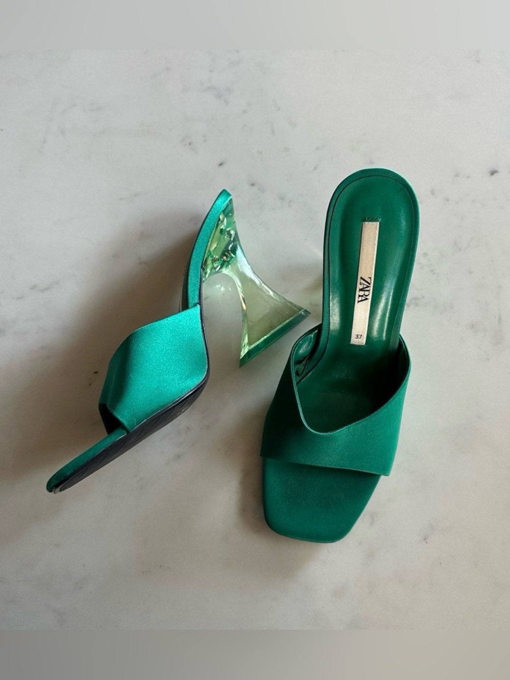 Zara Emerald Satin Slide Mules with Sculpted Clear Heel